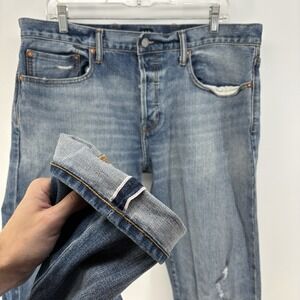 Gap Mens 36x34 Selvedge Slim Straight Distressed Kaihara Denim Jeans Light Wash